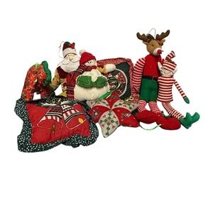 Vintage Christmas Fabric Decor Lot Santa, Snowman, Reindeer, Patchwork Pillows